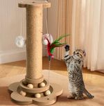 Beige Sisal & Wood Cat Scratching Post with Wooden Ball Track & Hanging Toys