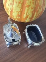 Vintage Adie Bros Ltd EPNS A1 Mustard Pot & Salt Cobalt Blue Glass Liners