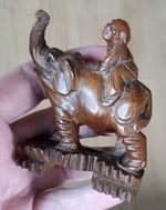 CHINESE 3" HAND CARVED WOODEN ELEPHANT WITH RIDER. B9