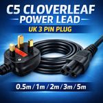 C5 Cloverleaf Laptop Power Lead UK 3 Pin Mains Cable Mickey Mouse Cord 0.5m-5m