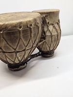 Vintage Double Bongo Drums Clay Ceramic Rawhide 21cm Handmade Ethnic