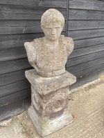Large Vintage Cast Stone Roman Soldier Bust Garden Statue on Pedestal