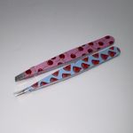 2x Decorative Patterned Metal Slanted Tip Tweezers 9cm Pink & Blue