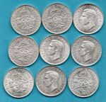 9 X SILVER FLORIN COINS. 1941 GEORGE VI. TWO SHILLINGS. HIGH GRADE, JOB LOT
