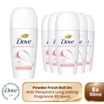 Dove Powder Soft Roll On Anti-Perspirant Long Lasting Fragrance 48H, 6x50ml