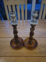 Vintage Wooden Candlestick Pair With Metal Candle Holders. 26cm Tall.