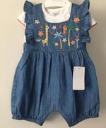 Nutmeg Baby Girls 2 Piece Denim Playsuit Romper Embroidered Safari Dungarees Set