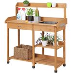 Garden Wooden Potting Bench Table with Removable Sink Drawer Shelves Side Hooks