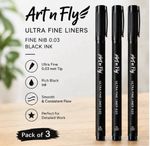 Art n Fly Ultra Fine Liners Fine Nib 0.03 Black Ink Pen Set Pack of 3 (Silver)