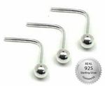 3 x Sterling Silver  2mm Plain Ball L Shape Nose Studs Piercing Body Jewellery