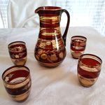 Vintage 1960s Hand Cut 5 Piece Set Pitcher and Glasses Made in Poland Brown Gold