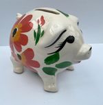 Lathams Potter Heigham ceramic piggy bank. Long lashed & flowered from Norfolk