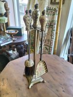 Unusual Small Vintage Brass and Painted Enamel Fireplace Companion Set Complete 