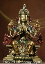 11.8" Old Chinese Copper Painted Carving Buddhism Seat Maitreya Buddha Statue