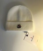 Moncler White Ribbed Knit Beanie Hat with Logo Patch, One Size