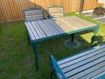 4pc Green/Brown Metal & Wood Rectangle Table Set: 2 Chairs & Bench, Arms