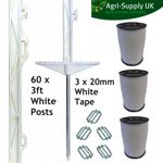 60 X 3FT POSTS & TAPE - 20mm 600m White Electric Fence Poly Fencing