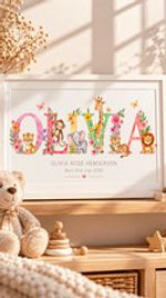 Personalised Safari Nursery Name Wall Print Girls Picture Decor A4: 21 x 29.7 cm