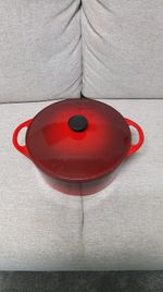 Vintage Cousances Enameled  Cast Iron Dutch Oven In Red Gradient