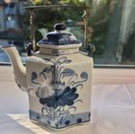 Vintage Chinese Blue & White Porcelain Square Teapot Metal Brass Handle Floral