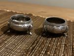 Pair Antique Small Silver-Tone Footed Open Salt Cellars, Engraved Scroll Floral