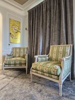 Pair French Louis XVI Bergere Armchairs.  French Embroidered Silk Upholstery Fab