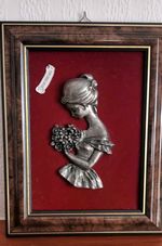 Etain Veritable Pewter Girl with Flowers France Art Nouveau Style 18x23 Cm Rare