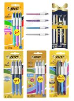BIC 4 Multi Colour Shine Grip Ballpoint Pen Blue Pink Silver Purple Gold 3 Pack