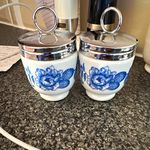 Floral Blue & White Ceramic Egg Coddlers, Pair Rhapsody Pattern Standard Size