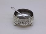 Victorian 1886 Sterling Silver Floral Salt Cellar & Spoon Hallmarked Sheffield
