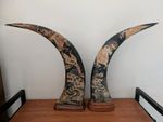 Pair of Antique vintage Asian Water Buffalo Horns  Embossed Dragons & Tigers 