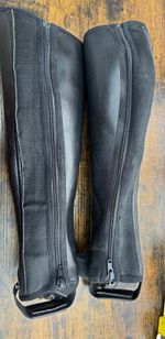 Black faux leather Equestrian Half Chaps/Gaiters Zip-Up, Elastic Panel, Pair