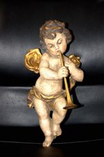 ANTIQUE 10" HAND CARVED WOOD FLYING WALL ANGEL CHERUB PUTTO STATUE SCULPTURE