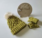 3-6 months Hat Pom Pom + Matching Mittens Green Cable Knit Acrylic aran 