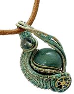 Verdigris Green Jasper Steampunk Pendant: Brass Wire Wrap, Swirl Model