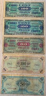 Lot of 5 WWII 1944 French 50 & 100 Francs & 1943 Italy 50 & 100 Lire Banknotes