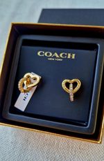 Coach Gold-toned Heart Interlocking Studs Earrings New With Box