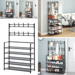 3/4/5 Tier 8 Hooks Coat and Hat Stand Metal Shoe Rack Shelf Clothes Hanger Black