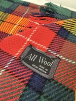 Vintage Wool Blanket Tartan Check Green Red Yellow Fringed British Farmhouse 