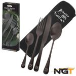 NGT Cutlery 4Pc Set Carp Fishing Camping Fork Spoon Set in Neoprene Case