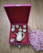 Vintage Hand-Carved Natural Green Onyx 7-Piece Gawa / Espresso Tea Set with Box