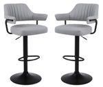 2 X GREY PLUSH BAR STOOLS, GAS LIFT BREAKFAST KITCHEN BAR PADDED ARMS & BACK