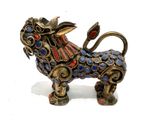 Vintage Tibetan Brass Kylin Foo Dog Inlaid Turquoise& Coral Figurine, B37