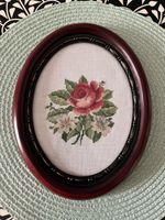 Oval Rose Cross Stitch Picture Wall Mounted Retro Vintage Style VGC Pre Loved