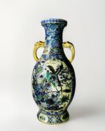 Vintage Mid Century Chinese Azure Blue & Gilded Pictorial Bird Insect & Bee Vase