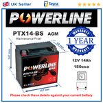 PTX14-BS Powerline AGM Motorcycle Battery 12V 14Ah Replaces YTX14-BS