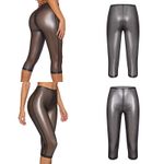 UK Women Leather Shiny Metallic Cropped Trousers Vinyl See Through Skinny Pants