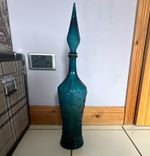 Unmarked Blue Glass Decorative Bottle with Stopper, Moon & Stars Pattern