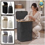 Bamboo Laundry Basket with Lid Foldable Washing Clothes Storage Bin Hamper Large
