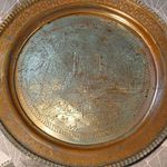 Engraved brass decorative plate/dish with border, building & palm tree scene